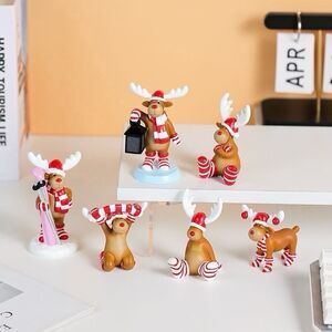6pc Christmas Reindeer Figurine Set Candy Cane Holiday Miniature Decor